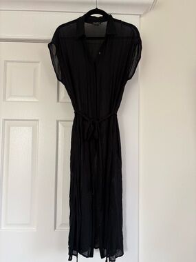 Lucky Brand Black Sheer Tie-Waist Maxi Shirt Dress
